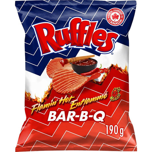 Ruffles Flamin' Hot Bar-B-Q Flavoured Potato Chips. 190g